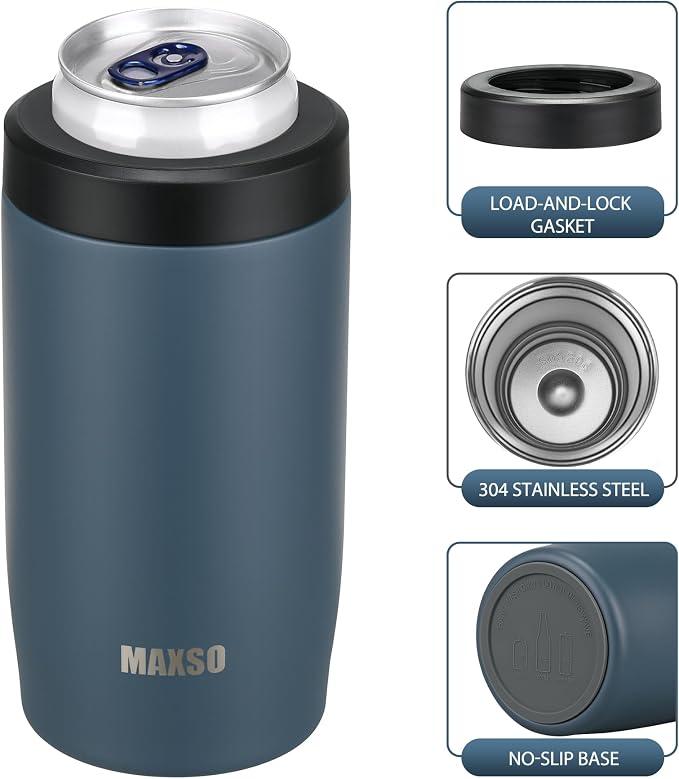 MAXSO Slim Can Cooler, 4-in-1 Double Walled Stainless Steel Insulated Beer Can Holder, Works With All 12 Oz Cans,Bottles & As A Pint Cups - Navy Blue