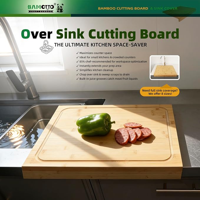 BAMOTTO CRAFTBAMBOO Bamboo Cutting Board 17.7"x15.8" for Kitchen | Detachable Front Lip for Counter Stability | Reversible Dual-Sided Juice Grooves | Sink & Stovetop Cover