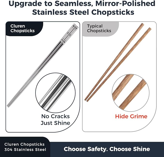 Premium 304 Stainless Steel Chopsticks Set (5 pair) - Reusable Metal Chopsticks with Laser Etching, Elegant Gift Box, Dishwasher Safe