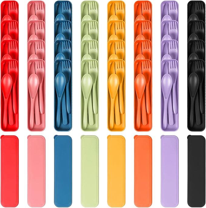 YDYTOP Reusable Travel Utensils Set with Case, 32 Sets Wheat Straw Knife Fork Spoon Cutlery, Multicolor Plastic Silverware for Kids and Adults, School Lunch, Party, Picnic and Camping