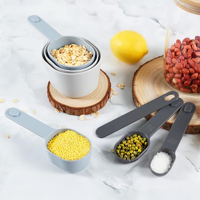 Stackable 10-Piece Measuring Cups and Spoons Set with Lids | BPA-free & dishwasher safe. Kitchen gadgets for cooking & baking. Dust-proof nested utensils for dry or liquid food.
