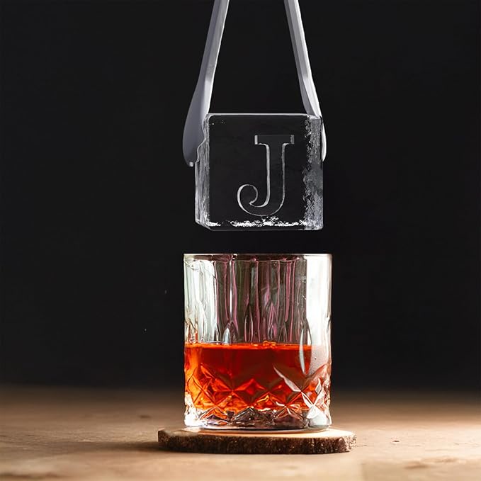 Letter J Monogram Clear Ice Cube Maker, 2" Big Ice Cubes Mold for Whisky and Cocktails, Large Initials Silicone Ice Cube Tray Personalized Gifts for Men (Letter J)