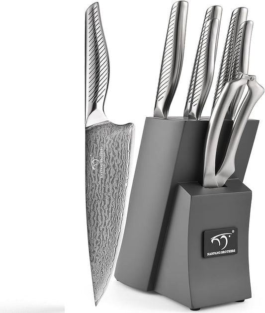 NANFANG BROTHERS® 7 Pieces Damascus Kitchen Knife Set, High Carbon Stainless Steel Damascus Steel Chef Knife Set, Stainless Steel Ergonomic Handle for Chef, Knife Block Set for Chopping NF