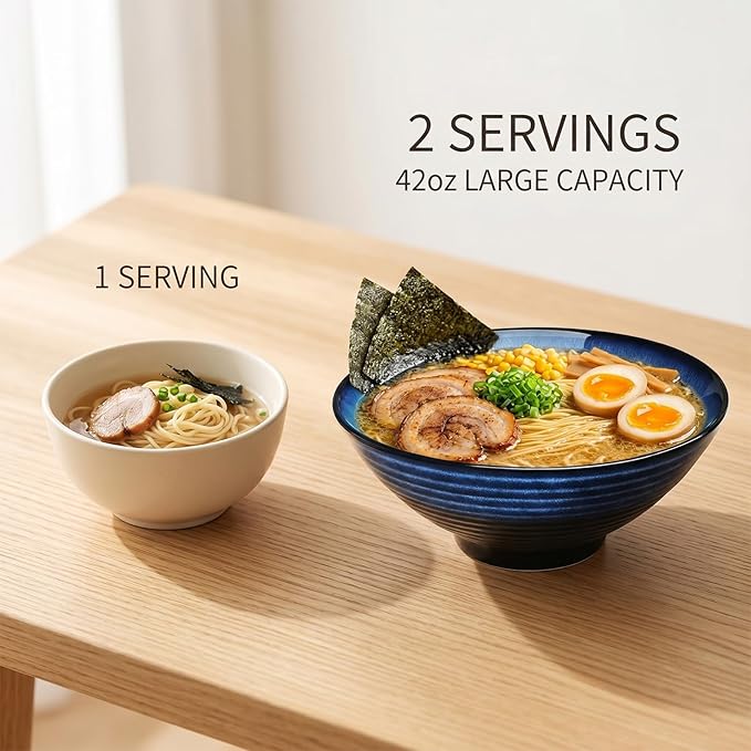 NJCHARMS Ceramic Ramen Bowl Set of 2, 42 oz Japanese Noodle Soup Bowls with Spoons and Chopsticks for Ramen Soup Pho Udon Asian Noodles, Large Noodle Bowls(Blue)