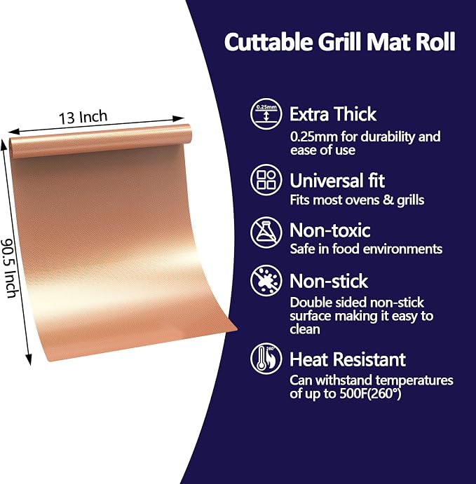 UBeesize 13x90 Inch Copper Grill Mats Roll for Outdoor Grill- Heavy Duty Non-Stick BBQ Grilling Mat & Oven Liner, Reusable, Easy to Clean - Cut to Custom Fit Oven, Gas, Charcoal, and Electric BBQ