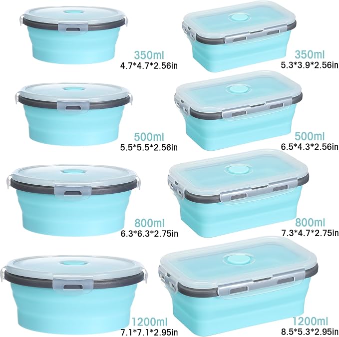Yaomiao 16 Pack Collapsible Food Storage Containers with Lid Air Vent Foldable 8 Rectangle Storage Bowl and 8 Round Silicone Food Bow for Lunch Camping Rv Accessories Microwave Freezer(Gray, Blue)