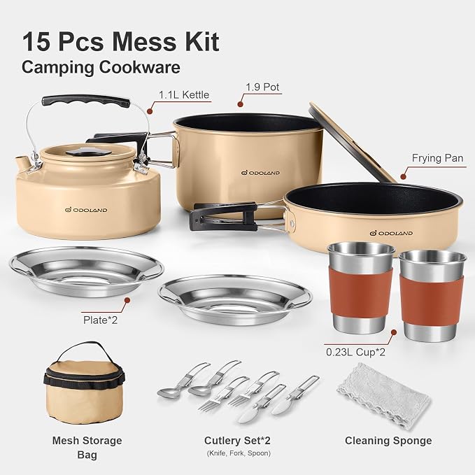 Odoland 15pcs Camping Cookware Mess Kit, 1.9L Pot, for Camping, Backpacking | Anodized aluminum, for hiking, outdoor cooking and picnic, 1.9L pot 0.8L kettle 0.86L pan mess kit, little compact pot set