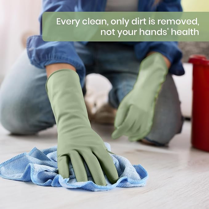 Rubber Cleaning Gloves for Dishwashing, 4 Pairs Reusable Kitchen Gloves for Washing Dishes and Household Cleaning, Green Dish Gloves with Flocked Lining and Non-Slip Grip, Pefect for Woman Men - M