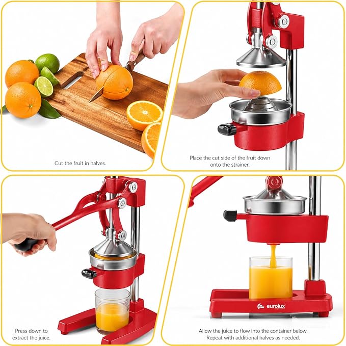 Eurolux Ultra-Premium Cast Iron Juicer | Extra-Large, Heavy Duty, Commercial Grade, Stainless Steel Manual Hand Press Citrus Squeezer For Fresh Orange Juice, Pomegranate, Lemon, and Much More (Red)