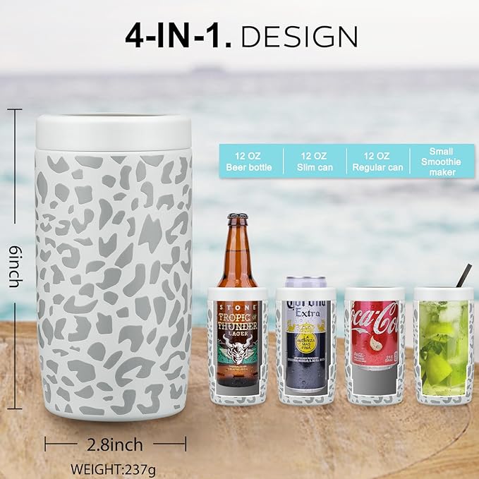 4-in-1 Slim Can Cooler Easy to Hold Insulated Beer Can Holder Double-walled Stainless Steel for All 12 Oz Cans Gift (White Leopard)