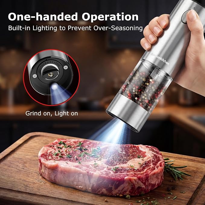 Bonsenkitchen Electric Salt and Pepper Grinder Set, USB-C Rechargeable Stainless Steel Adjustable Coarseness Pepper Mill with LED Light, 95ml Large Capacity, Clean Brush for Kitchen, BBQ & Camping
