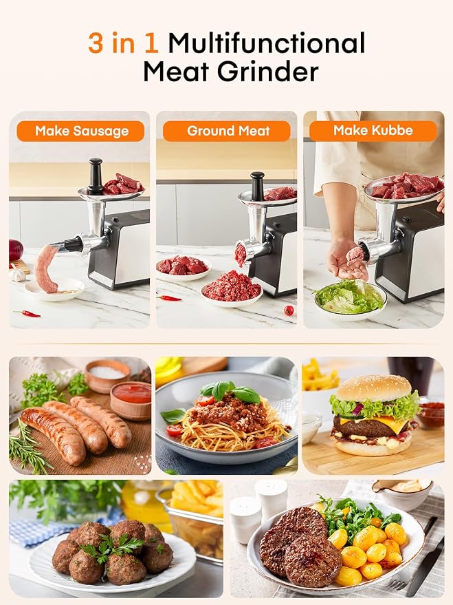 FOHERE Electric Meat Grinder for Home Use 3200W Max Heavy duty | meat mincer with 2 blades, 3 grinding plates, 3 sausage stuffer tubes and Kubbe kit