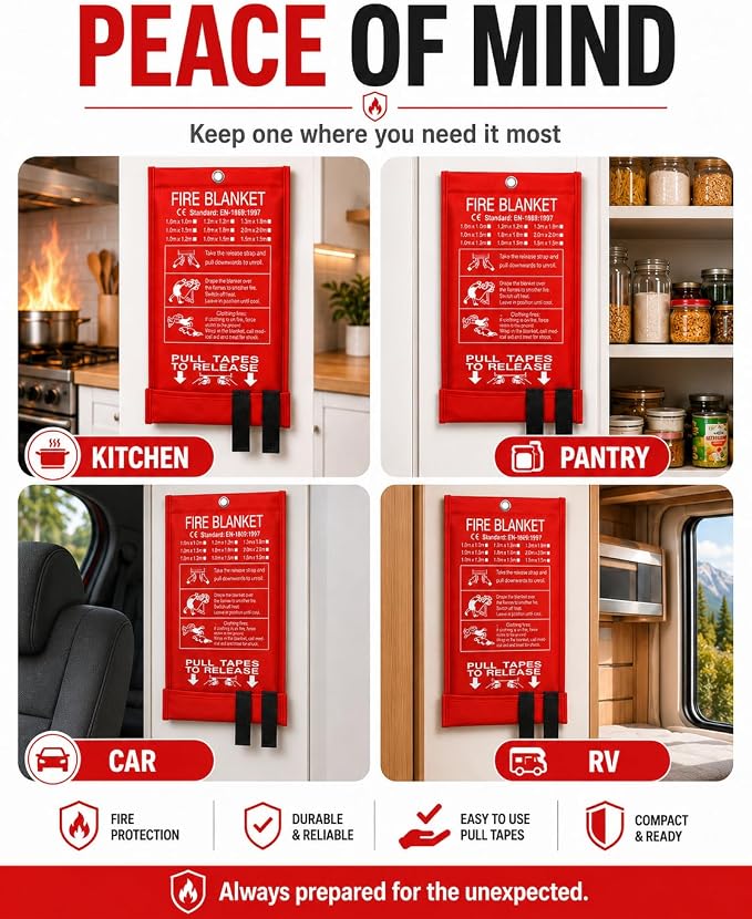 Ougist 2 Pack Emergency Fire Blanket for Home and Kitchen, 40"x40" Fire Blankets for Safety, Fiberglass Flame Suppression for Grill, RV & Camping, Peace of Mind for Your Family