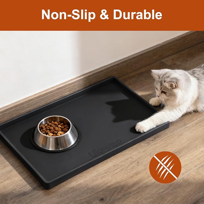 ukeetap 19" x 12" Extra Thick Silicone Mat Waterproof with Raised Edge, BPA Free Non-Slip Dog & Cat Food Mat, Feeding Mat for Food and Water Bowls, Spill Proof Mat to Protect Floors, Black