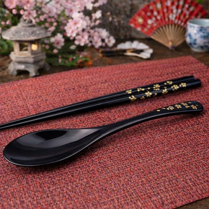 Premium Japanese Chopsticks with Spoon Reusable [ Made in Japan ] Traditional Lacquer Art Wooden Chopsticks (Gold Flower BK(YM2001))