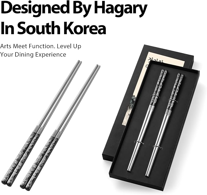 Hagary Tiger Chopsticks Metal Chopsticks Reusable Designed In Korea Japanese Style Stainless Steel 316 18/10 Non-Slip Dishwasher Safe Laser Etched (Black - 2 Pairs)