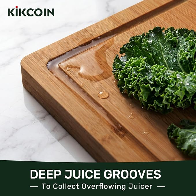 Kikcoin 17”×11” Deep-Carbonized Bamboo Cutting Boards for Kitchen, Healthy Wooden Cutting Boards for Kitchen, Charcuterie, Vegetables, Extra Large Chopping Boards with Deep Juice Groove and Handle