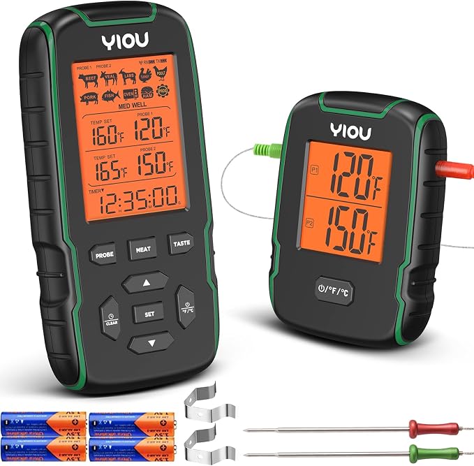 Wireless Meat Thermometer for Cooking, Digital Meat Thermometer with 2 Probes, 500FT Ultra Accurate & Fast Food Thermometer for Oven, Smoker, Green