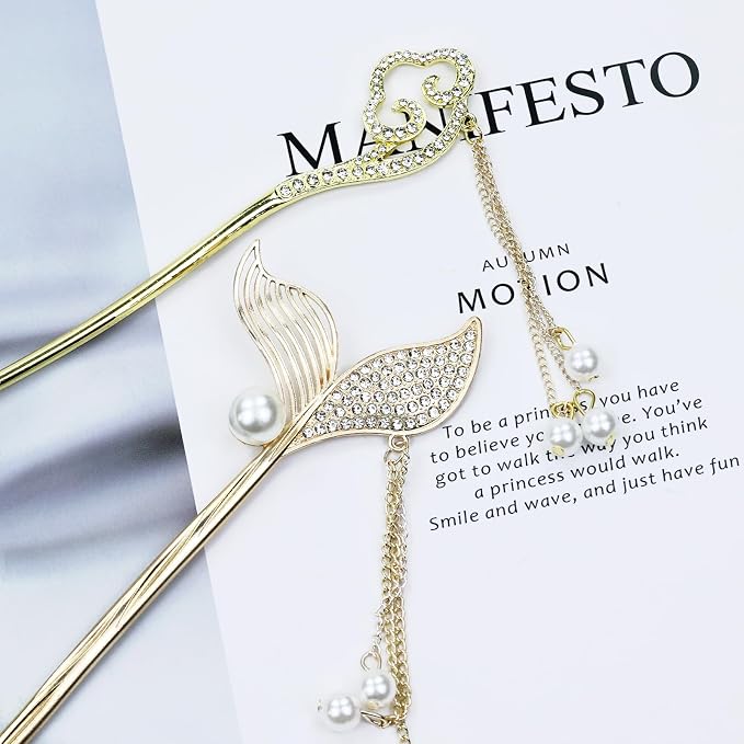inSowni 8 Pieces Vintage Retro Asian Chinese Hanfu Gold Metal Hair Sticks Pins with Pearl Pendants Bamboo Leaf Flower Fishtail Hair Chopsticks Forks Bun Updo Holders Long Hairpins for Women Girls