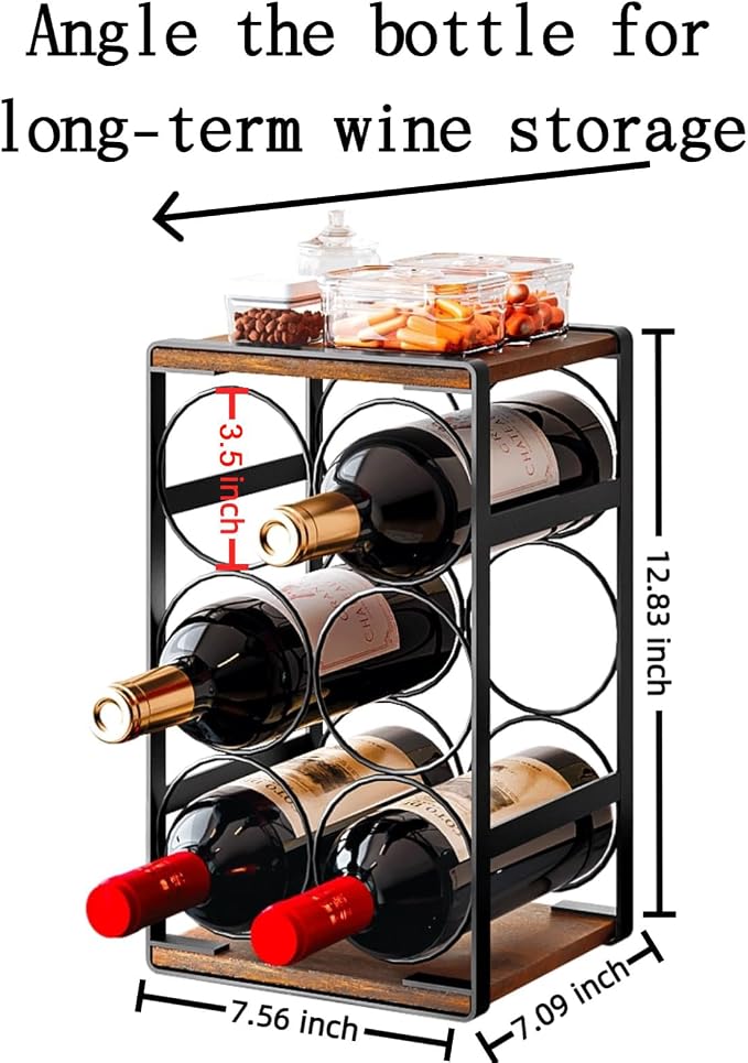 6 Bottle Countertop Small Wine Rack | Compact Design MDF Wood Construction, for Countertop, Cabinet & Corner Storage, Hold Up to 6 Wine Bottles