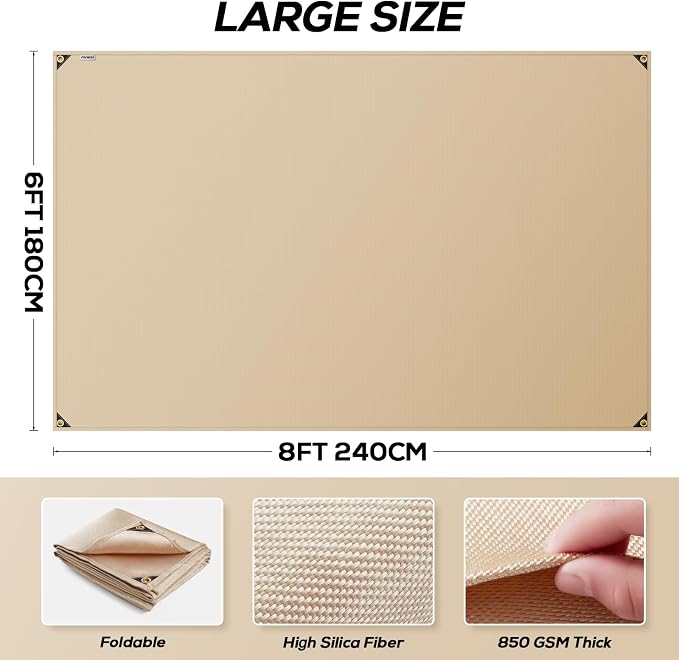Heavy Duty Fiberglass Welding Blanket, Heat Resistant Blanket with Brass Grommets, Multi-Purpose Welding Mat for Grill, Smoker, Camping, Industrial Use (6x8 ft)