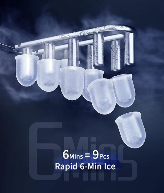 ecozy Portable Ice Maker Countertop, 9 Cubes Ready in 6 Mins, 26.5 lbs in 24 Hours, Self-Cleaning Ice Maker Machine with Ice Bags/Ice Scoop/Ice Basket for Home Kitchen Office Bar Party, Silver