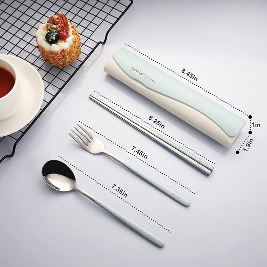 DEVICO Travel Utensils with Case, 4 Piece Portable Silverware Set for Work | 18/8 Stainless Steel Reusable Travel Cutlery Set, Korean Chopsticks Fork and Spoon Set for Lunch Box/Camping/Picnic/Dorm,Blue