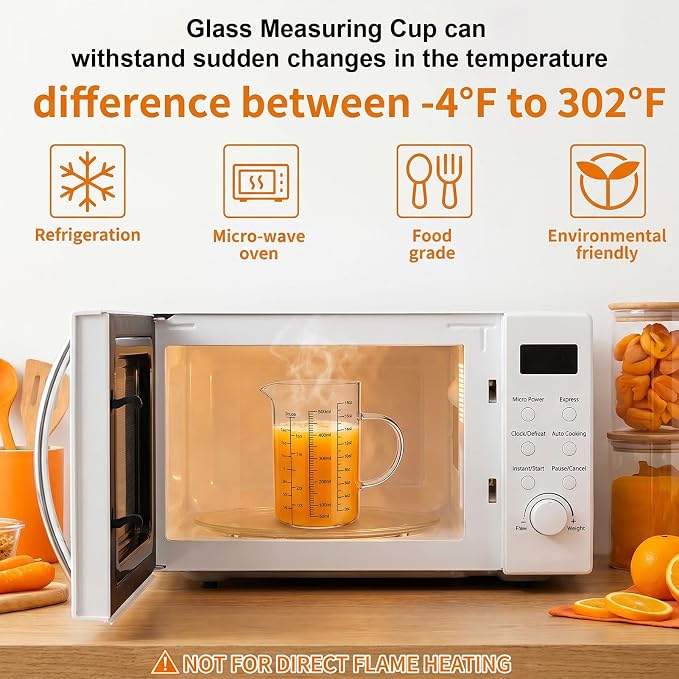 Graduated Glass Measuring Cup With Handle 500ML (16Oz, 2Cups) | High Borosilicate Liquid Measuring Cup for Baking Cooking Kitchen V-Shaped Spout Glass Measuring Beaker Easy To Read