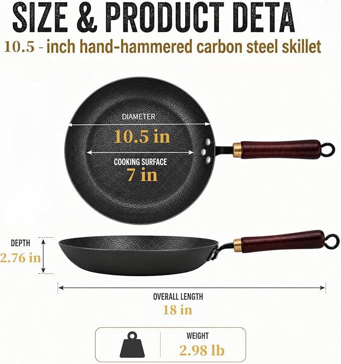 Calmabode 10.5" Hand Hammered Carbon Steel Skillet for Searing | Uncoated surface; removable handle for oven use, smoother food release with seasoning, and compatibility with all stovetops.