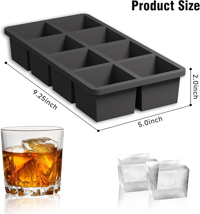 Samuelworld Large Silicone Ice Cube Tray Molds, 2-Pack, Big 2 Inch Cubes - Food Grade, Flexible, 8 Cavity Easy Release Slow Melting Ice for Whiskey, Cocktails, Gifts & Christmas - Black