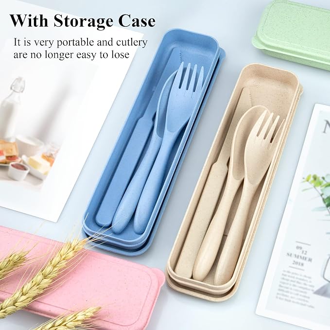 DISSKNIC 4 Sets Portable Utensils Set with Case, Travel Utensils Fork and Spoon Set for Lunch Box Accessories, Reusable Lunch Utensils Set for Work, Travel Accessories Camping Utensil Set and Home Use