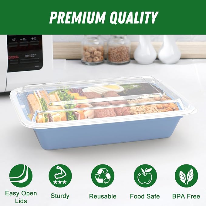 50 Pack (100-Piece) 32 oz Meal Prep Containers with Easy Open Lids, Blue | Sturdy Leakproof & Food Safe, Microwave, Freezer, Dishwasher Safe Prep Containers, To Go Take Out Plastic Food Storage