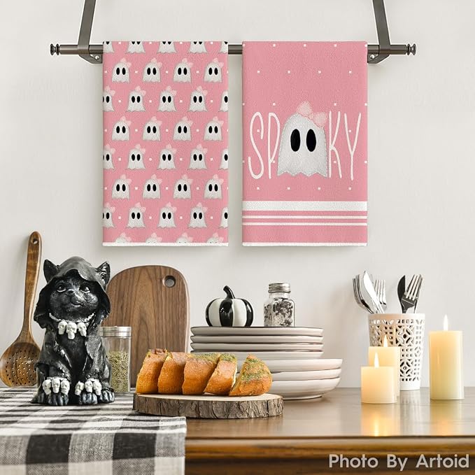 Artoid Mode Pink Ghost Halloween Kitchen Towels Set of 2 18x26 Inch | Spooky Bow Knot Hand & Dish Towels,Ultra Absorbent,Seasonal Farmhouse Decoration