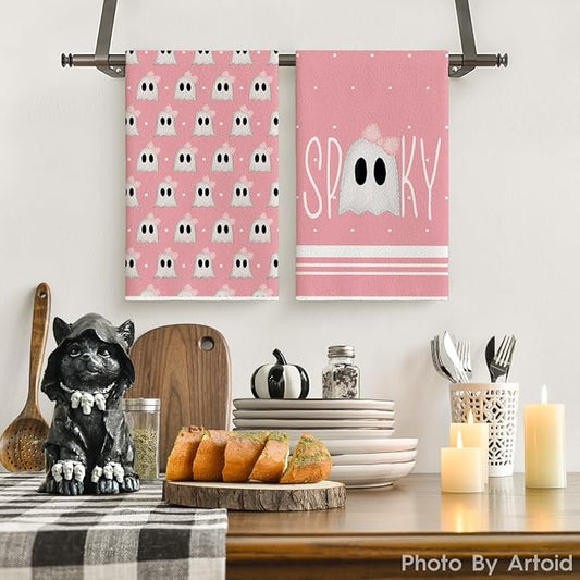 Artoid Mode Pink Ghost Halloween Kitchen Towels Set of 2 18x26 Inch | Spooky Bow Knot Hand & Dish Towels,Ultra Absorbent,Seasonal Farmhouse Decoration