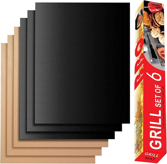 Grill Mats for Outdoor Grill, Set of 6 （3 Black+3 Copper）Grill Mat for Gas Grill, Non-Stick Sheets for Grilling, 15.75 X 13 Inch