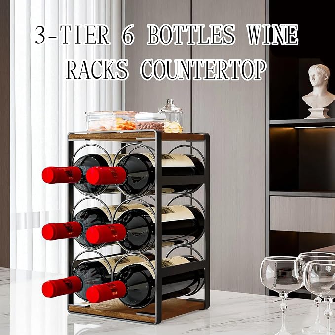 6 Bottle Countertop Small Wine Rack | Compact Design MDF Wood Construction, for Countertop, Cabinet & Corner Storage, Hold Up to 6 Wine Bottles