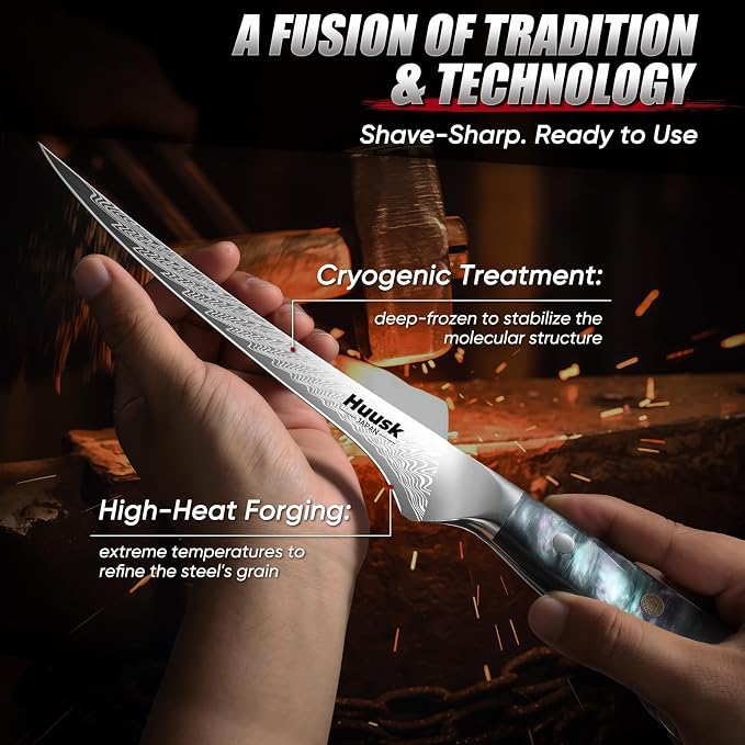 Huusk 7" Fillet Knife for Fish, Boning Knife for Meat, Gift for Chef | Flexible Fish Filleting Knife for Salmon, Ultra Sharp Deboning Knife for Meat Cutting Processing, Stainless Full Tang Blade