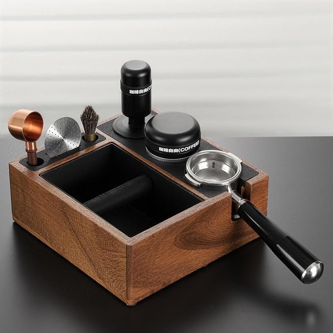 Walnut Espresso Knock Box and Tamping Station, Coffee Organizer Box Fit for 58mm Espresso Tamper Distributor Portafilter Holder & Puck Screen Multi Accessory Storage