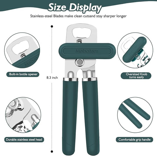 10 Colors Can Opener Manual Handheld Heavy Duty Hand Can Opener Smooth Edge Stainless Steel Can Openers Top Lid Kitchen Gadgets, Best Large Rated Easy Turn Knob, with Bottle Opener, Emerald