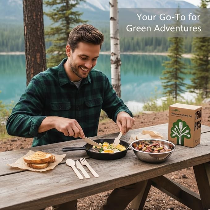 (150 Count) Disposable Wooden Cutlery Set - Alternative to Plastic, Eco Friendly, Biodegradable, Compostable Cutlery Set - 50 Wood Spoons, 50 Wooden Knives & 50 Wooden Forks Disposable Utensils Set