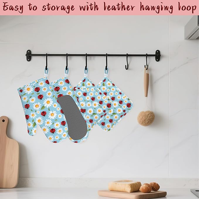 Ladybug Heat-Resistant Silicone Oven Mitts and Pot Holders 4 Piece Set,Cute Daisy Extra Long Non-Slip Kitchen Oven Gloves for Cooking, Baking, BBQ,Grilling
