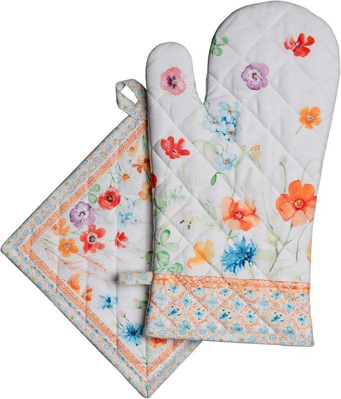 Maison d' Hermine 100% Cotton Oven Mitt & Pot Holder Set (7.5"x13" & 8"x8") | Heat Resistant BBQ Cooking Gloves with Loop Baking Grilling Kitchen Hotel Home Farmhouse Spring Summer - Summer Whisper