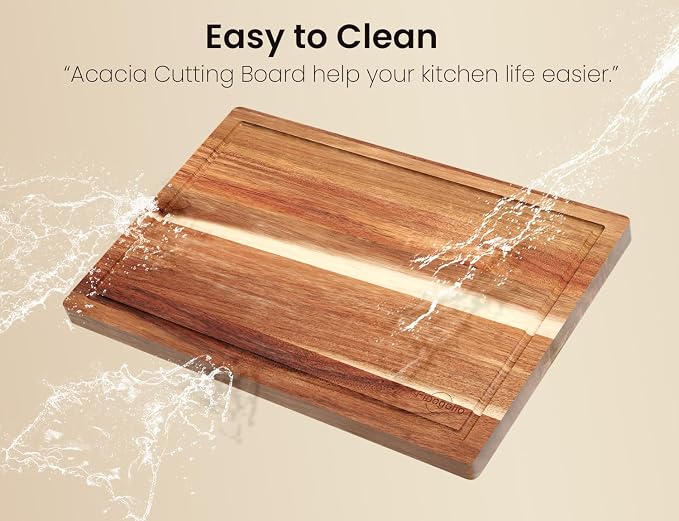 Fibogollo Set of 3 Acacia Wood Kitchen Cutting Boards with Holder | Wooden Chopping Boards Set with Juice Groove, Serving Board with Storage Stand,Butcher Block for Meat,Vegetables,Fruit