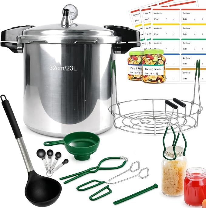 24 Quart Pressure Canner with Gauge & 9-Piece Canning Supplies Starter Kit – Extra Large Aluminum Pressure Cooker for Canning, Induction Compatible, Safe Home Food Preservation