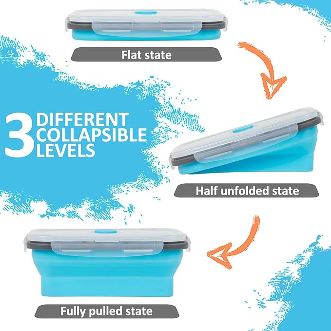 Collapsible Silicone Food Storage Containers Set with Lid & Air Vent,Foldable Lunch Containers (8PCS,Blue,27oz)