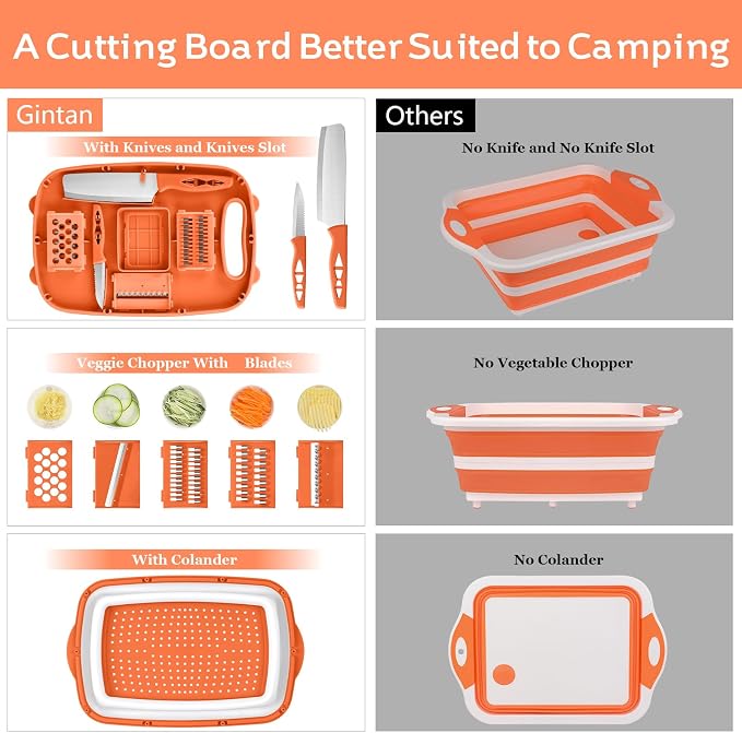 Gintan Camping Cutting Board, 9-in-1 Collapsible Chopping Board with Colander, Kitchen Vegetable Washing Basket for Camping, Camping Gifts Camping Accessories for RV Campers (orange)