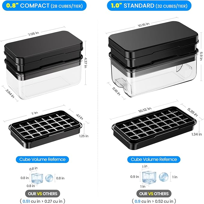 1.0" Ice Cube Trays for Freezer, PHINOX Ice Tray, 2-Tier(32Cubes/Tier)Black