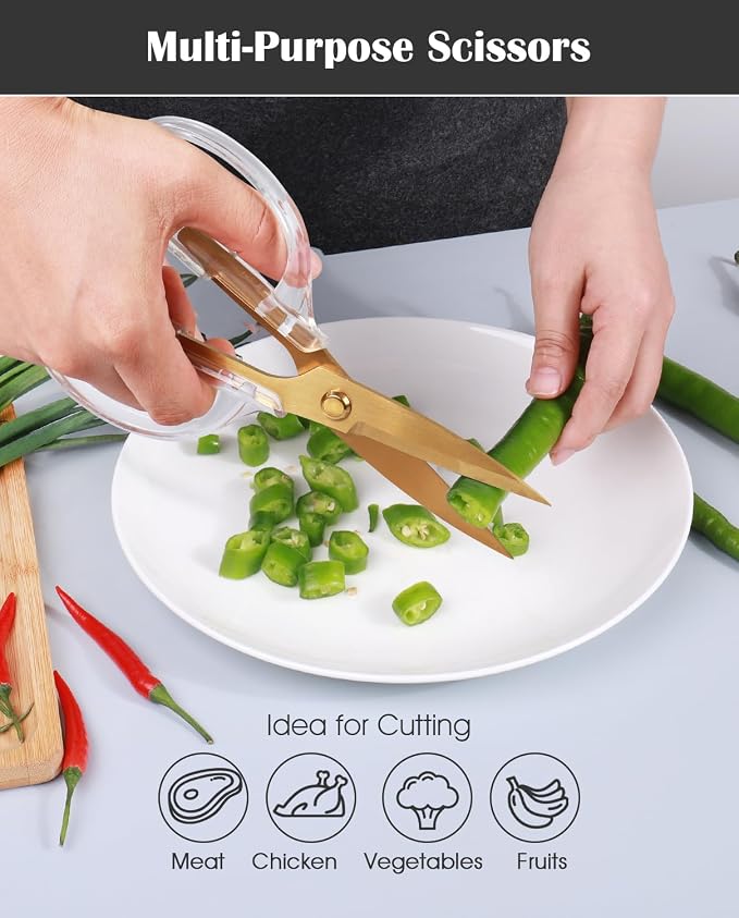 Kitchen Shears Scissors, ARCHIKING 7.7inch Gold Titanium Plated Scissor-Meat and Poultry Shears, Dishwasher Safe, Acrylic Handel All Purpose Stainless Steel Utility Scissor - Diamond Clear