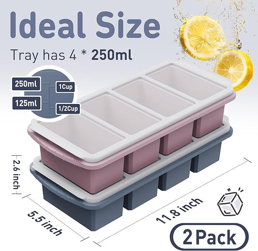Silicone Freezer Tray with Lid Soup Freezer Container Molds with Steel Reinforced Rim Large Ice Cube Tray Makes 8 Perfect 1 Cup Portions Cubes Storage Food Meal Prep Containers Kitchen Mold
