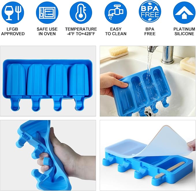 3 Set Popsicle Molds,Cakesicles Silicone Mould,12 Cavities Silicone Ice Cream Molds with Lids and 100 Pieces Wooden Popsicles Sticks and 100 Bags for Making Cakesicles,Cake Pops,Ice Cream(Dlue)